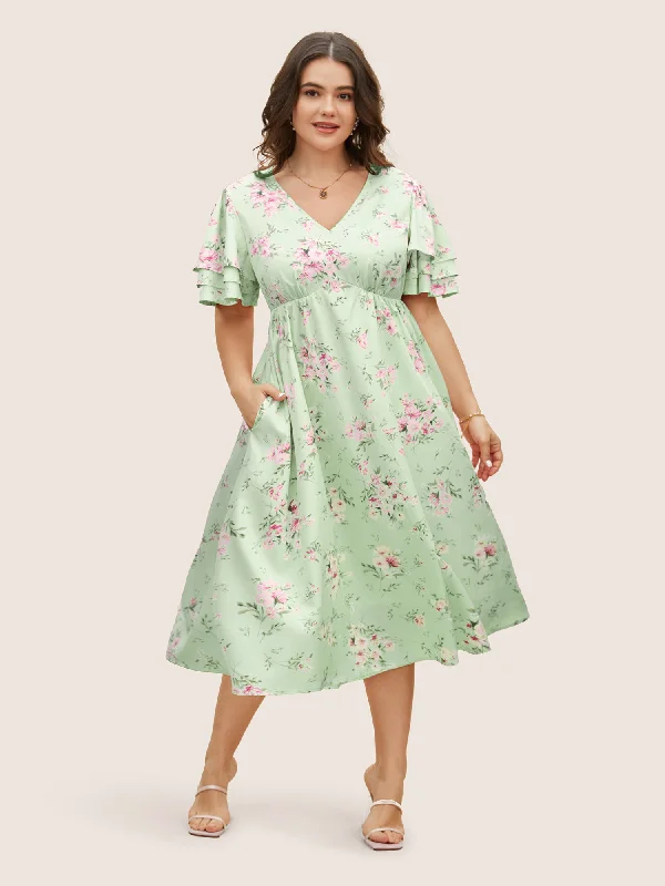 Floral Elastic Waist Tiered Ruffle Sleeve Dress