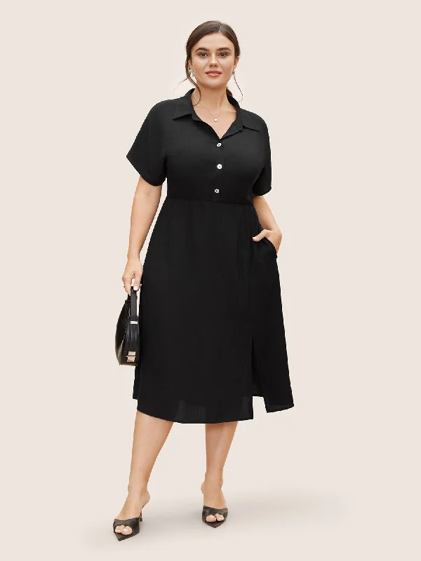 Shirt Collar Button Detail Split Front Dress