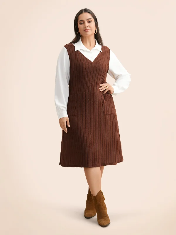 Shirt Collar Rib Knit Patchwork Dress