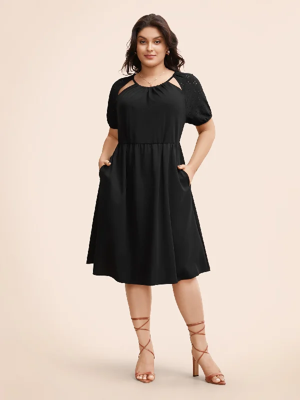 Solid Cut Out Gathered Puff Sleeve Dress