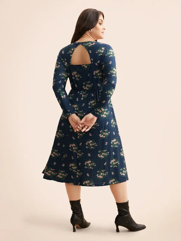 Square Neck Floral Cut Out Dress