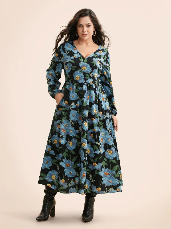 V Neck Floral Print Elastic Waist Dress