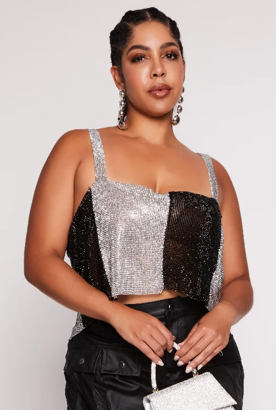 Plus Size Color Block Rhinestone Mesh Crop Top