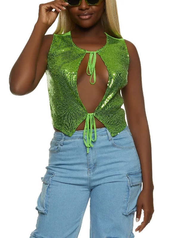 Cut Out Sequin Mesh Tie Front Top