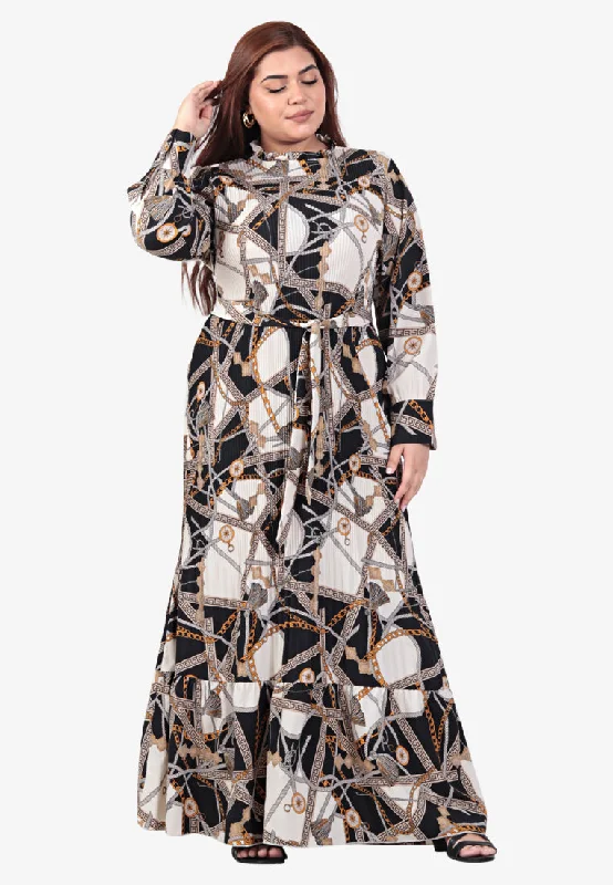 Damyra Raya Pleated Prints Belted Long Dress - Black White