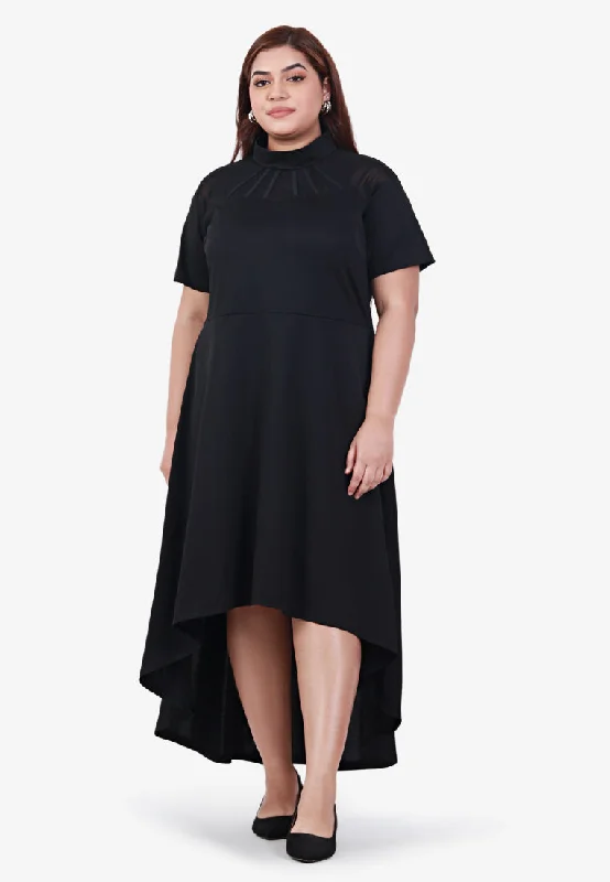 Fiona Asymmetrical Mesh Short Sleeve Dress - Black