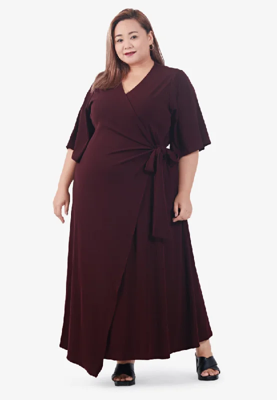 Wilda Ribbed Faux Wrap Midi Dress - Burgundy